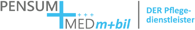Pensum MED Mobil Logo mit grauer und blauer Schrift. Pensum-MED Logo, Firmenbezeichnung