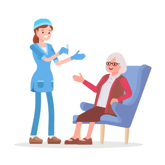 Illustration: Pflegekraft verabreicht älterer Frau eine Injektion