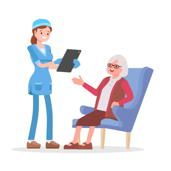 Illustration: Beratende Pflegekraft mit älterer Dame.