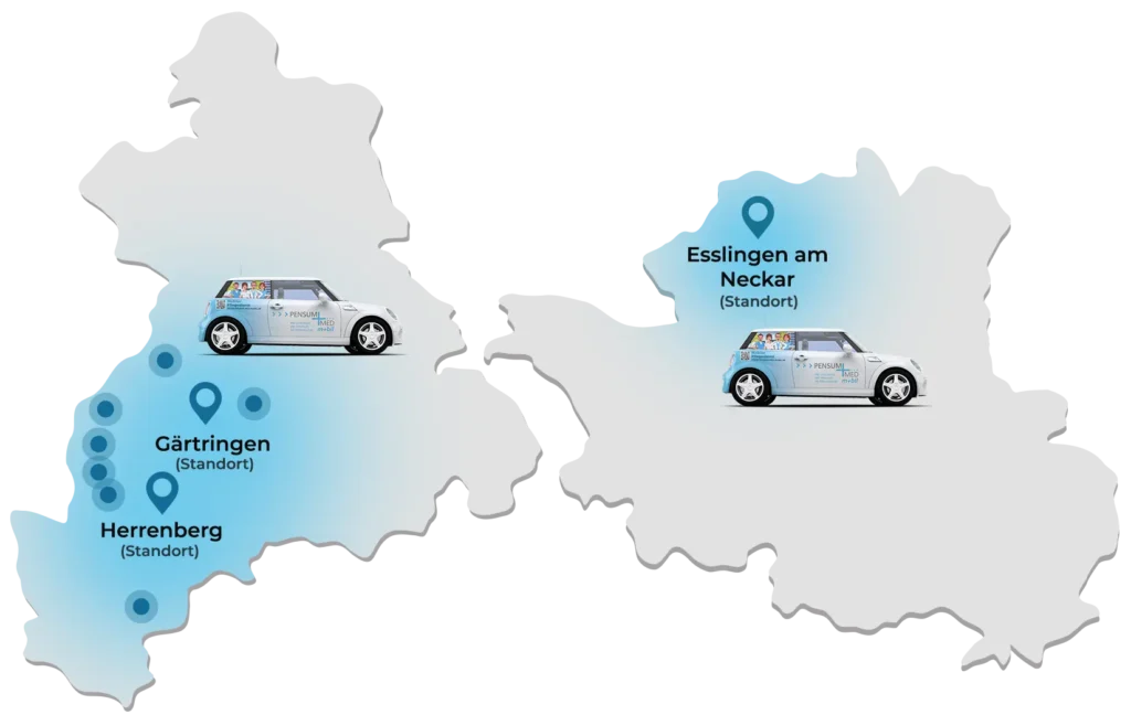 Pensum MED Mobil Einzugsgebiete auf Landkarte mit Standortmarkierungen