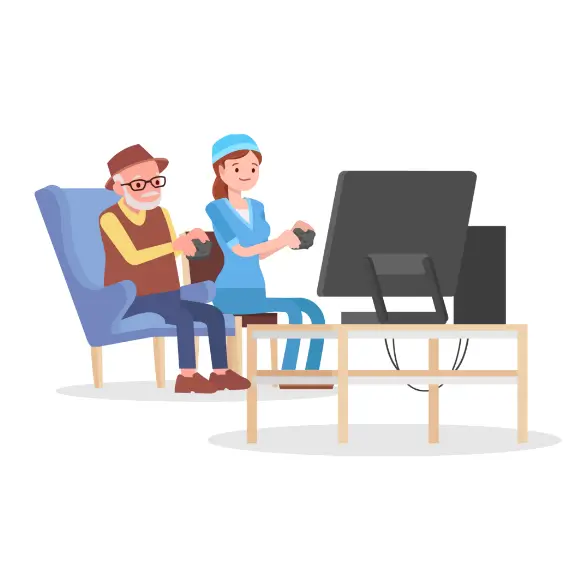 Illustration: Pflegekraft in Gesellschaft mit älterem Mann.