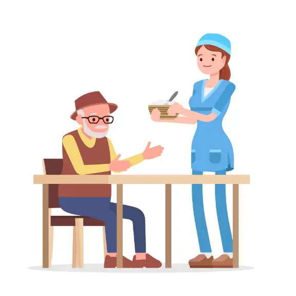 Illustration: Pflegekraft hilft älterer Person beim Essen