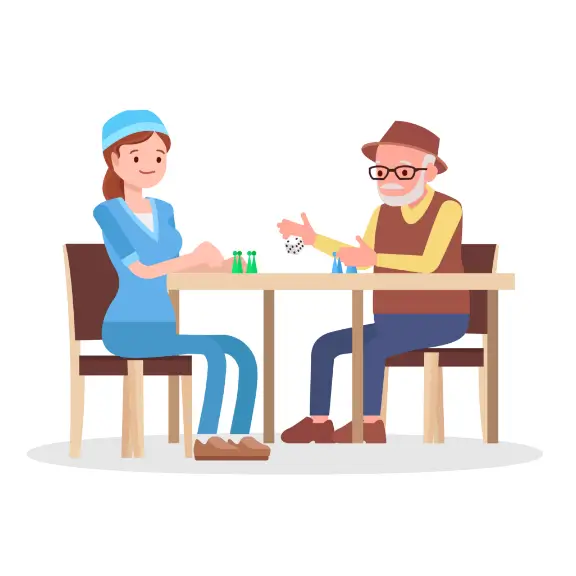 Illustration: Pflegekraft mit Patient beim Würfelspielen